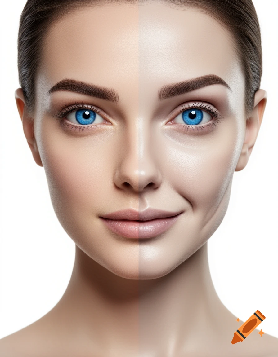 A woman's face split vertically down the middle, with the left half appearing smooth and conventionally beautiful, and the right half subtly warped with a slight smile line and under-eye texture, creating an uncanny valley effect.