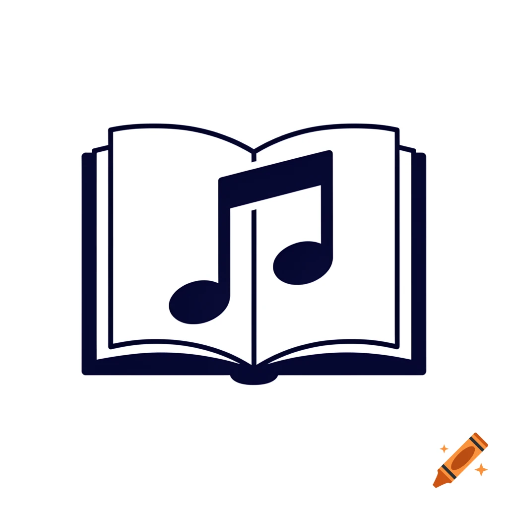 Simplified black and white icon of an open book with a musical note on its pages.