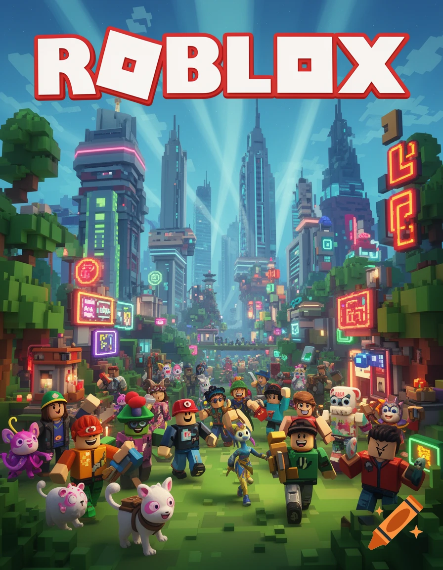 A bustling Roblox city with blocky characters and pets on green terrain, featuring skyscrapers and a prominent 'ROBLOX' logo.