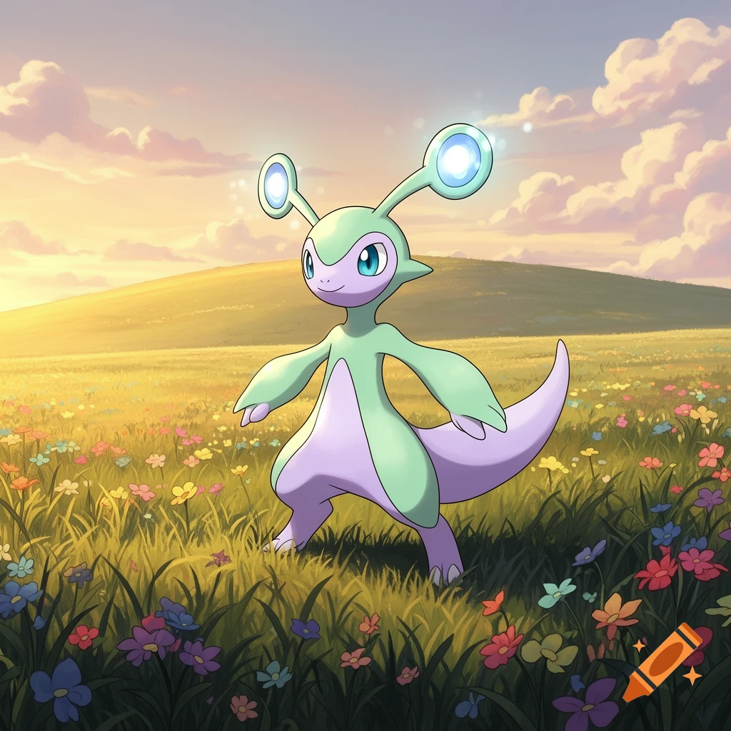 A light green and lavender bipedal creature with glowing antennae stands in a vibrant field of wildflowers at sunset.