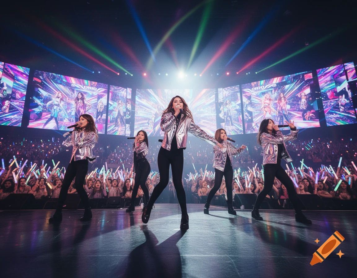 K-pop group performs on stage during a concert with colorful lights and a large audience.
