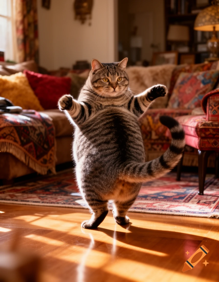 A photorealistic tabby cat stands upright on its hind legs with raised paws in a sunlit living room.