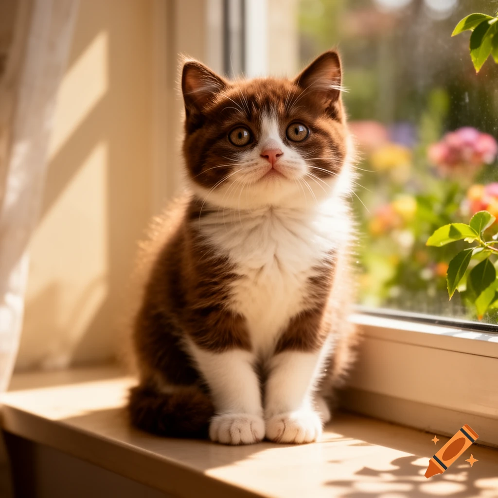 A fluffy brown and white kitten sits on a window sill, looking up, with a blurred garden in the background.