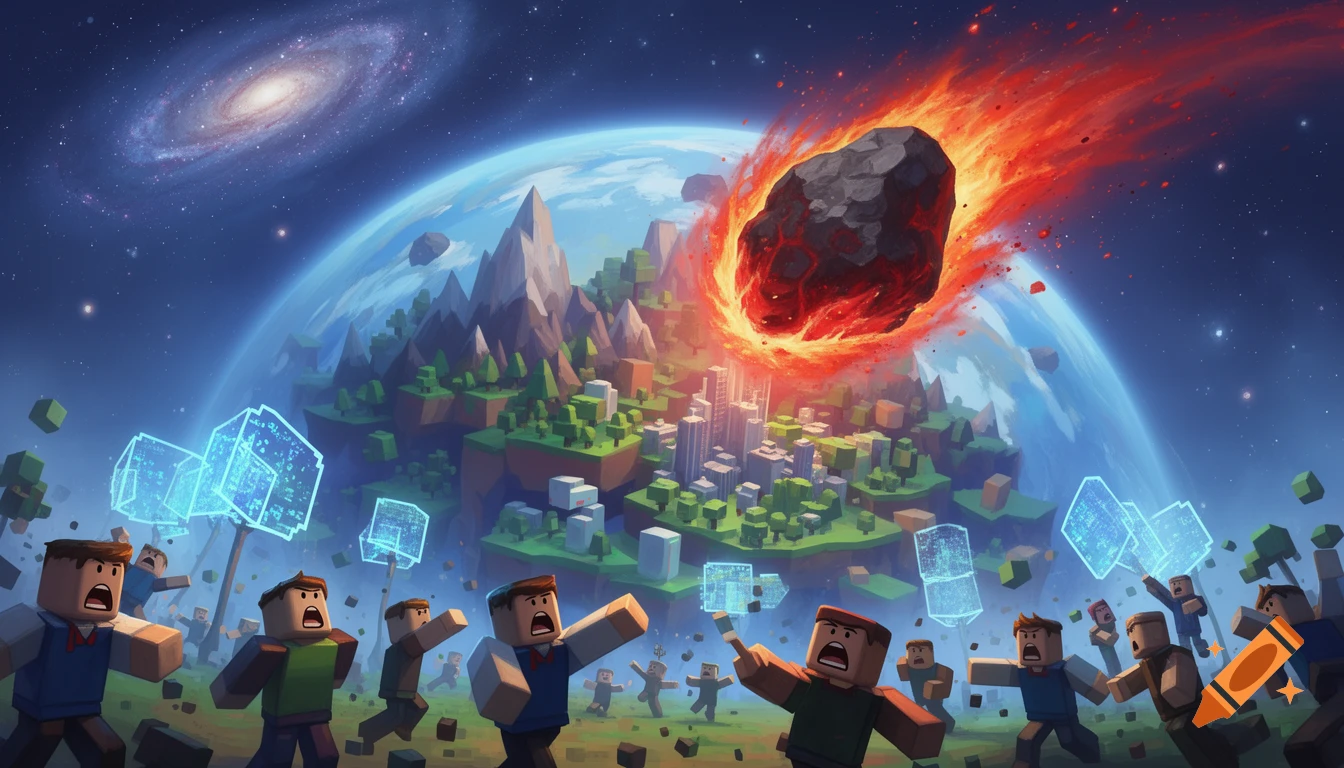 A stylized planet with blocky terrain and a city, as a giant burning meteor crashes down. Roblox-themed characters below scream and hold glowing blue cubes under a starry sky with a galaxy.