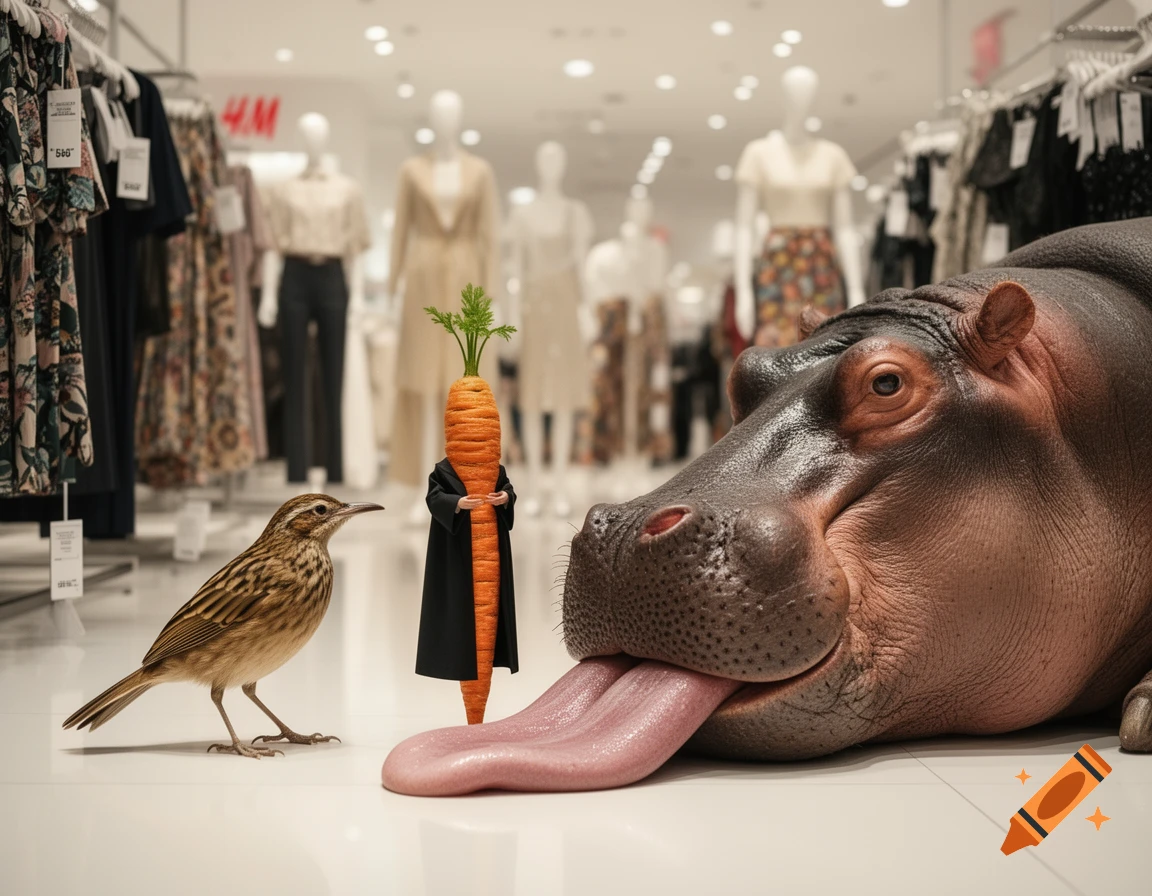 A surreal, photorealistic scene inside an H&M store with a bird, a robed carrot, and a huge hippo with its tongue out.