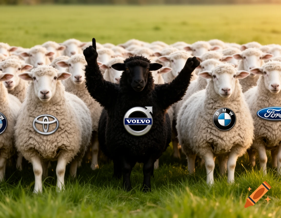 A black sheep stands in a field among white sheep, pointing its finger up. Each sheep has a car brand logo on its chest, including Volvo, Toyota, BMW, and Ford.