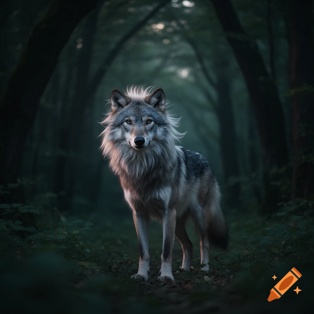 A photorealistic wolf with shaggy fur stands in a dark, misty forest, looking forward.