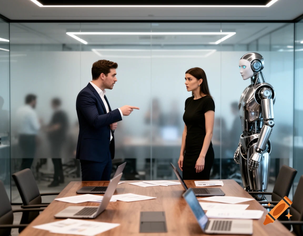 A man points at a surprised woman as a robot stands between them in a modern office, photorealistic.