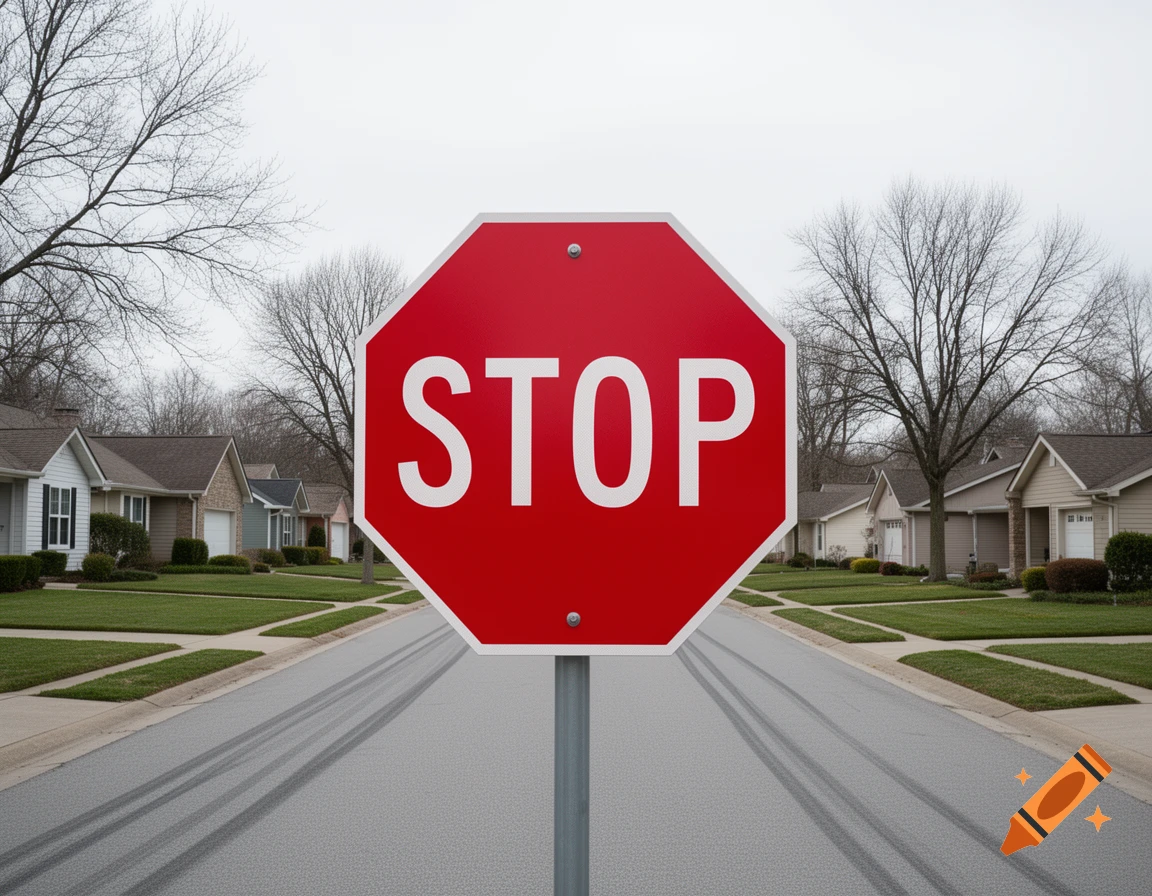 A red stop sign stands in the middle of a suburban street with houses and bare trees under a cloudy sky.