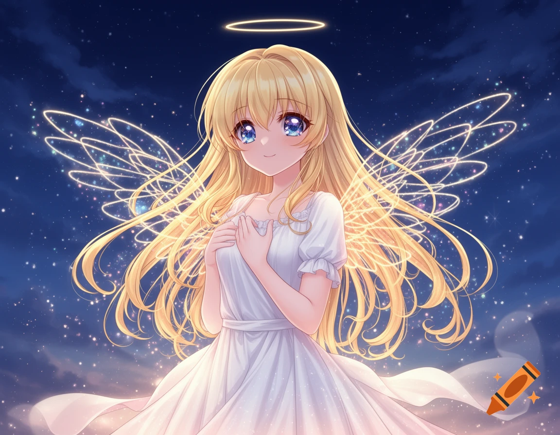 Anime art of a smiling blonde angel girl with blue eyes, wearing a white dress, halo, and glowing wings against a starry night sky.