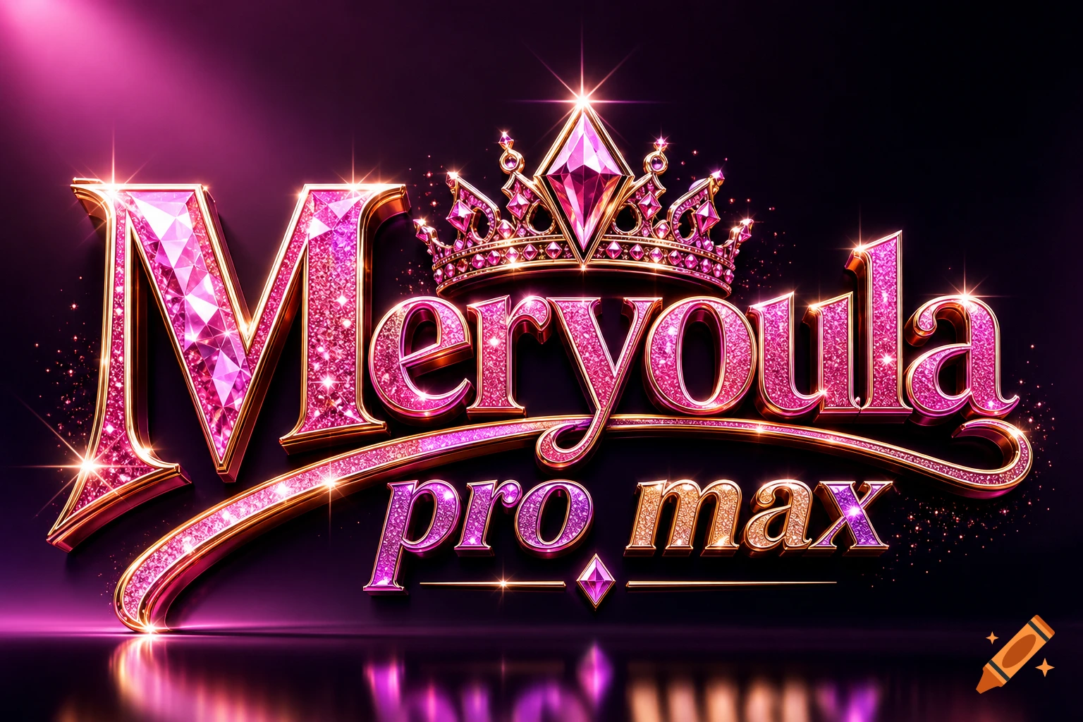 Pink and gold glittery text spelling 'MERYOULA pro max' with a diamond crown on a dark background, reflecting light.