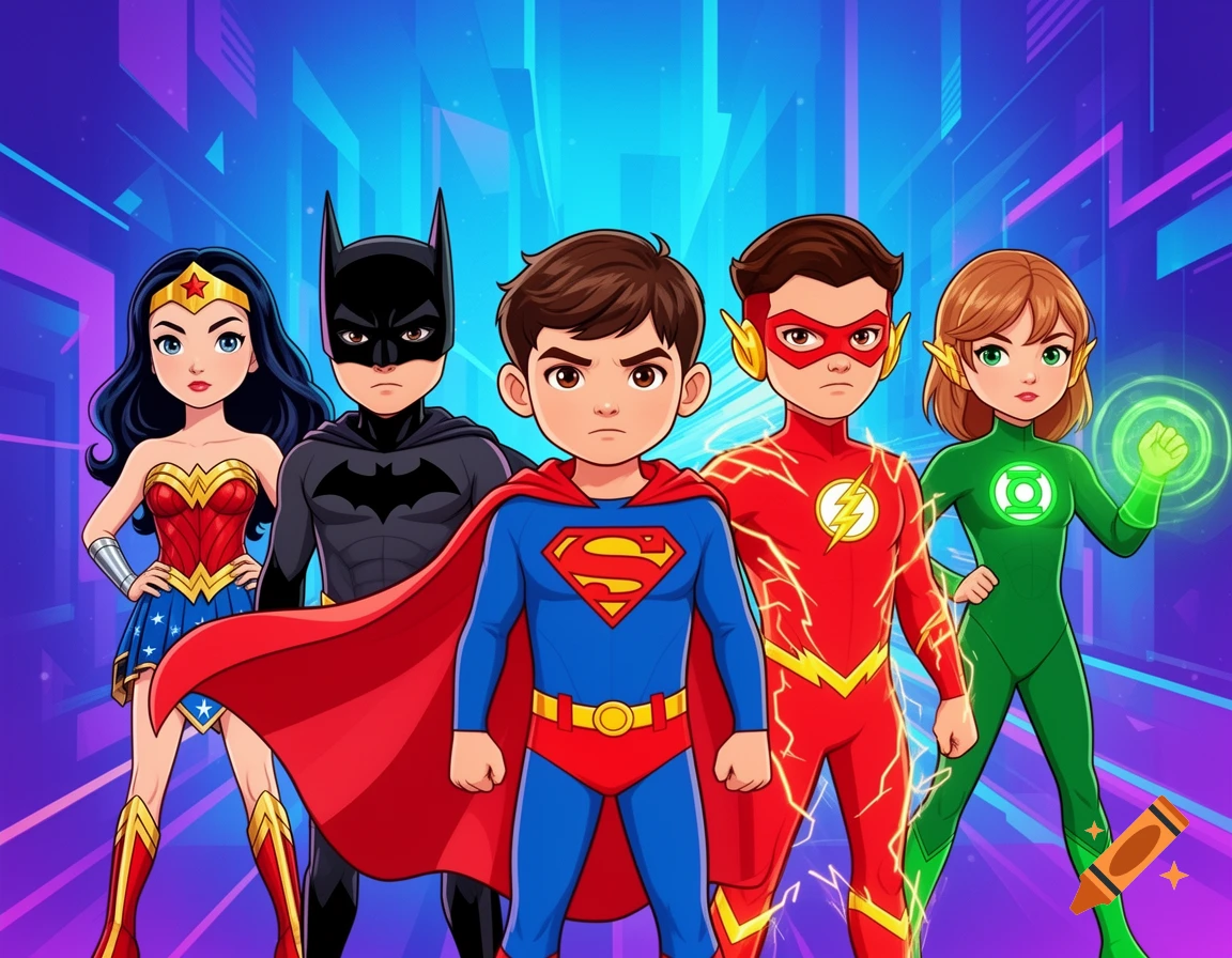 Five cartoon superheroes including Superman, Batman, Flash, Wonder Woman, and Green Lantern, in a bright, futuristic vector style.
