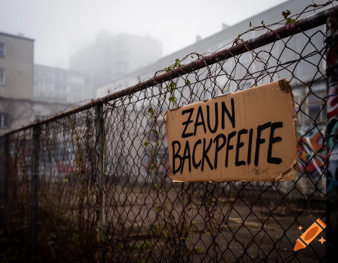 A close-up photo of a rusty chain-link fence with a cardboard sign reading "ZAUN BACKPFEIFE" in black paint, set against a foggy urban background.