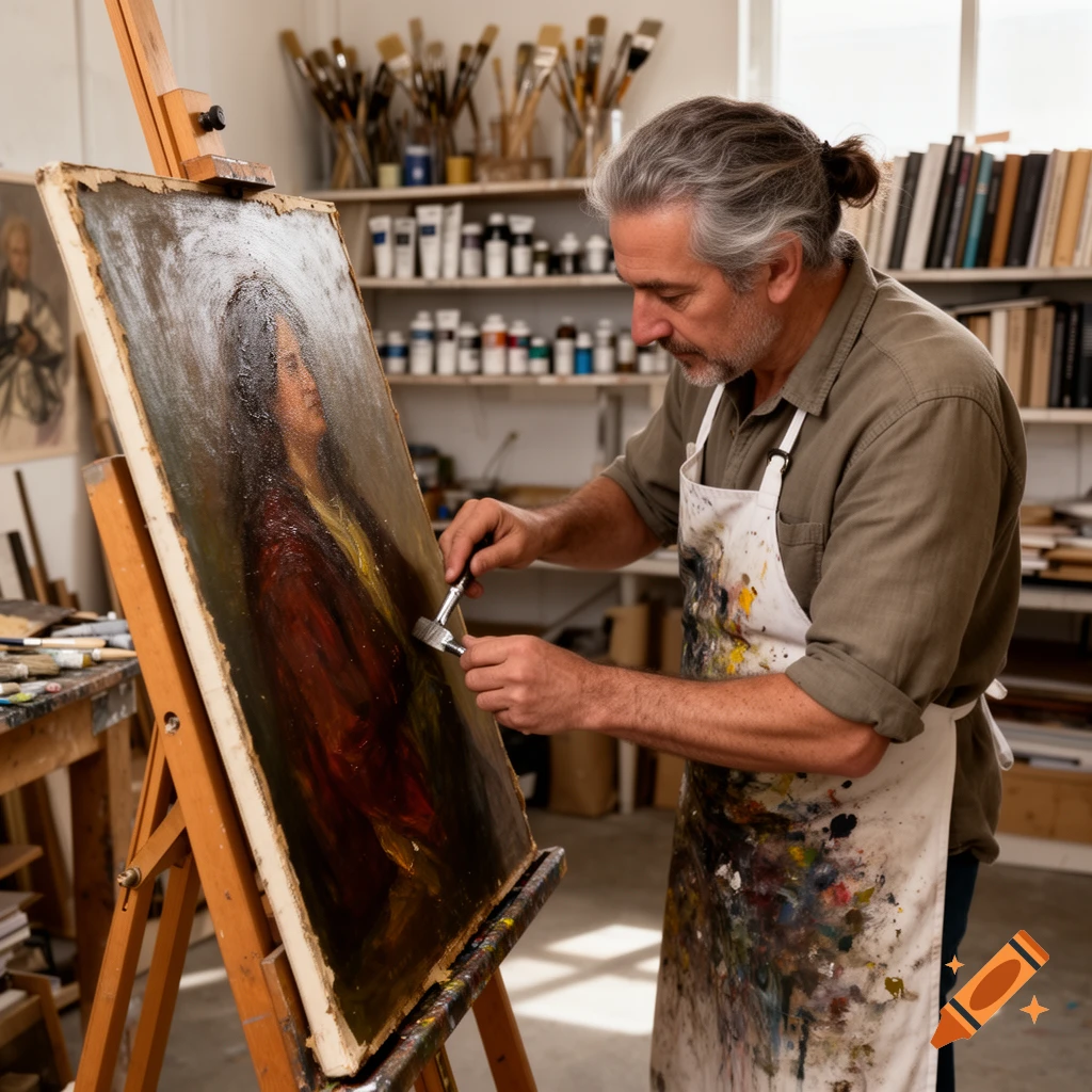 A man in an art studio carefully restores an old portrait painting on an easel.