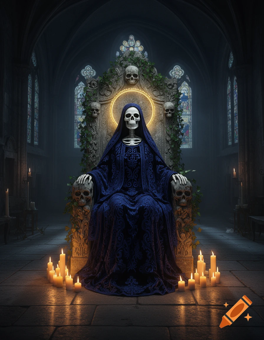 A skeleton figure in a blue robe sits on a skull throne in a gothic cathedral, surrounded by lit candles.