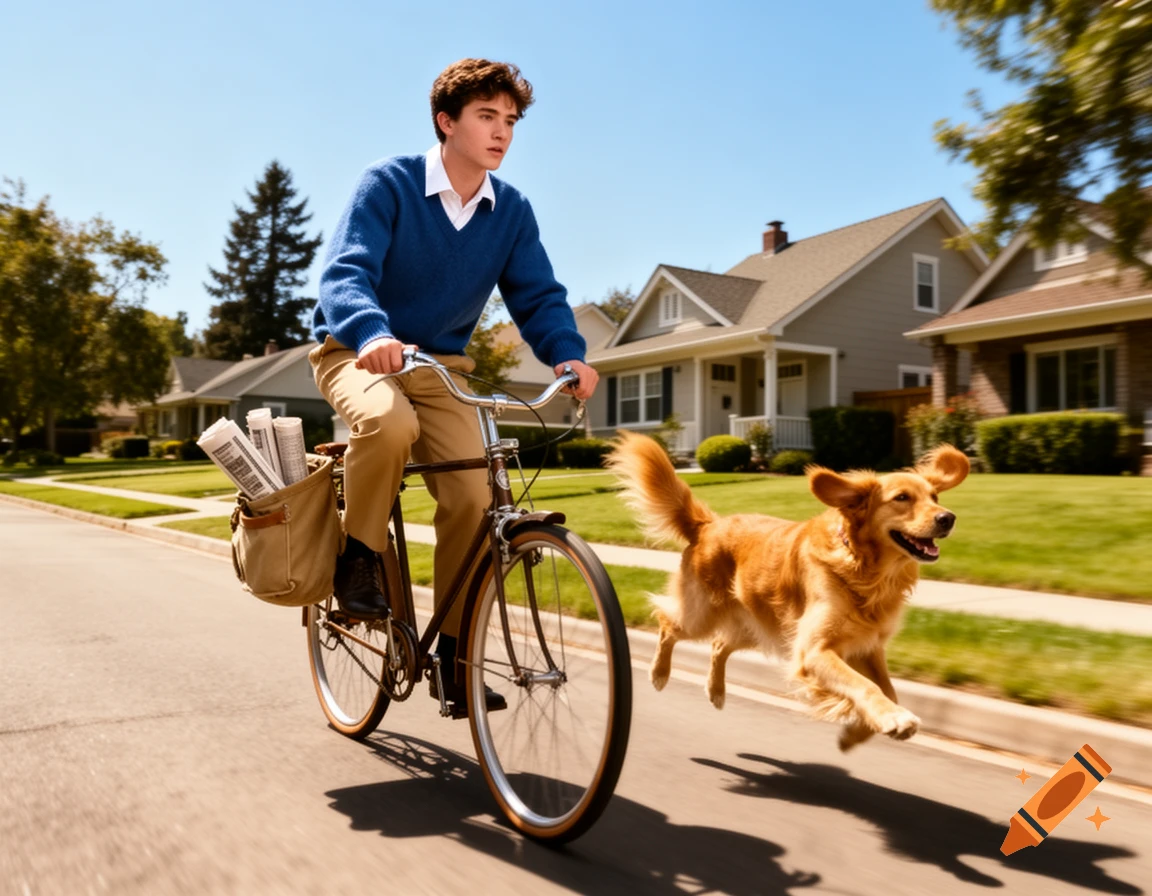 A young man rides a bike with newspapers as a golden retriever leaps beside him on a sunny suburban street.