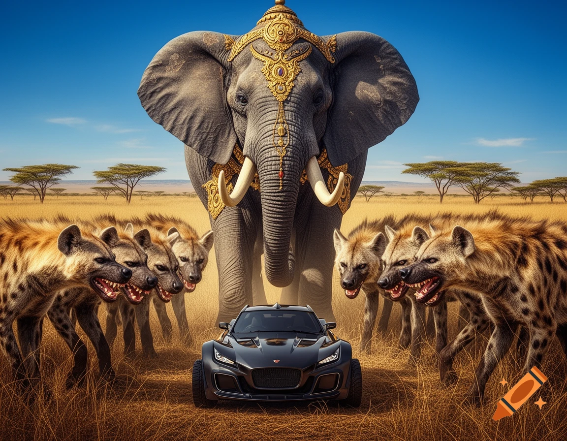 An ornate elephant and a pack of vicious hyenas surround a black sports car in a sunlit savanna.