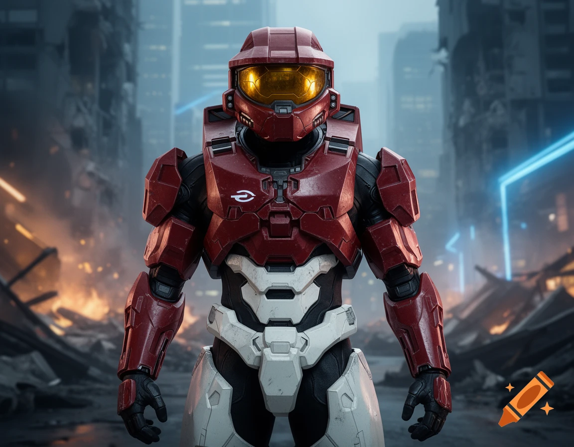 A red and white armored Spartan-like soldier stands amidst a war-torn cityscape with fires and debris, photorealistic digital art.