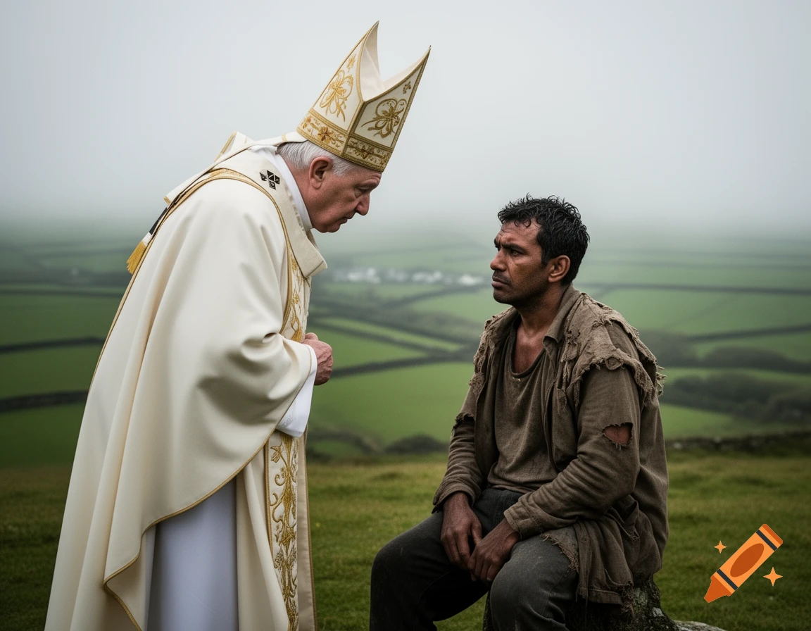 A solemn bishop in white vestments bows to a man in tattered clothes sitting on a rock in a misty, green, rural landscape.