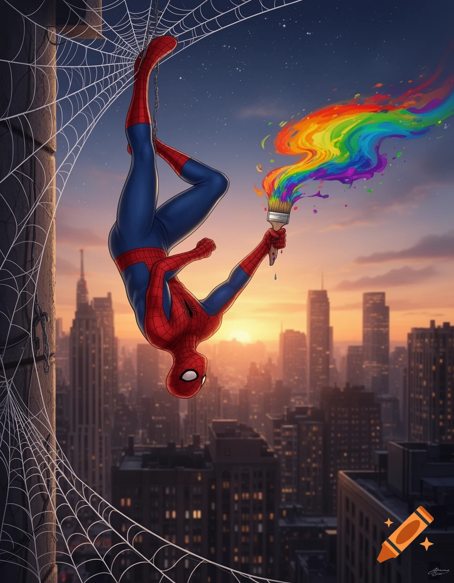 Spider-Man hangs upside down from a web above a cityscape at sunset, painting a vibrant rainbow with a paintbrush in a comic art style.