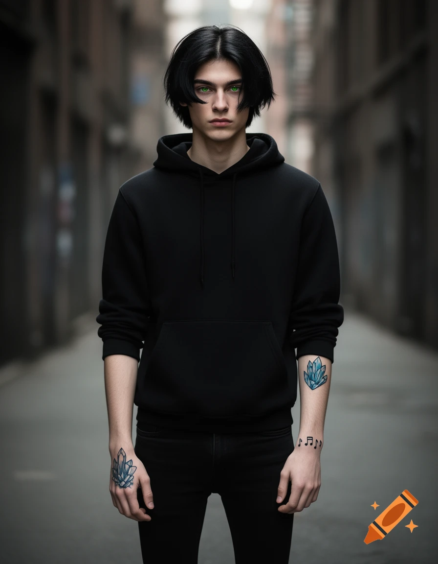A young man with black hair and green eyes, wearing a black hoodie and jeans, stands in an alleyway. He has blue crystal tattoos and musical notes on his forearms.