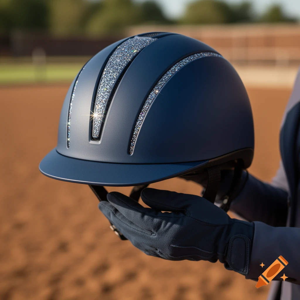 A person in dark gloves holds a dark blue equestrian helmet with sparkling silver glitter details against a blurred outdoor background.