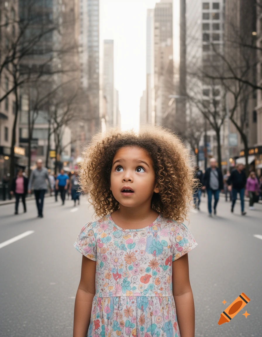 A young girl with curly hair looks up with an amazed expression while standing in a busy city street with tall buildings.