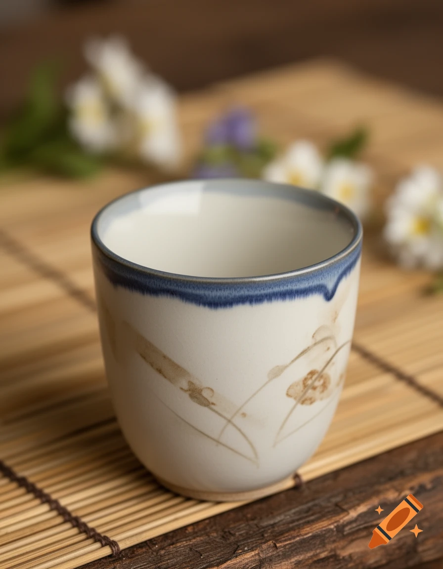A cream-colored ceramic cup with a blue rim and subtle brown floral designs, resting on a bamboo mat with blurred flowers.