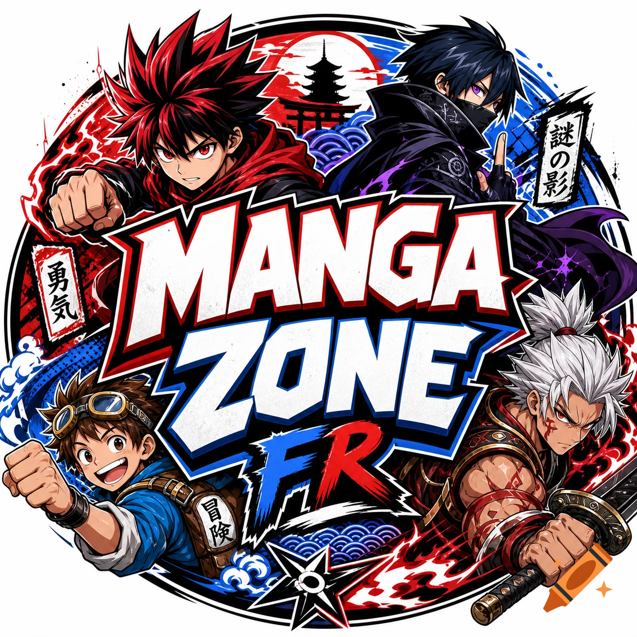 Circular 'MANGA ZONE FR' logo with four manga characters, Japanese patterns, and dynamic red, blue, and black accents.