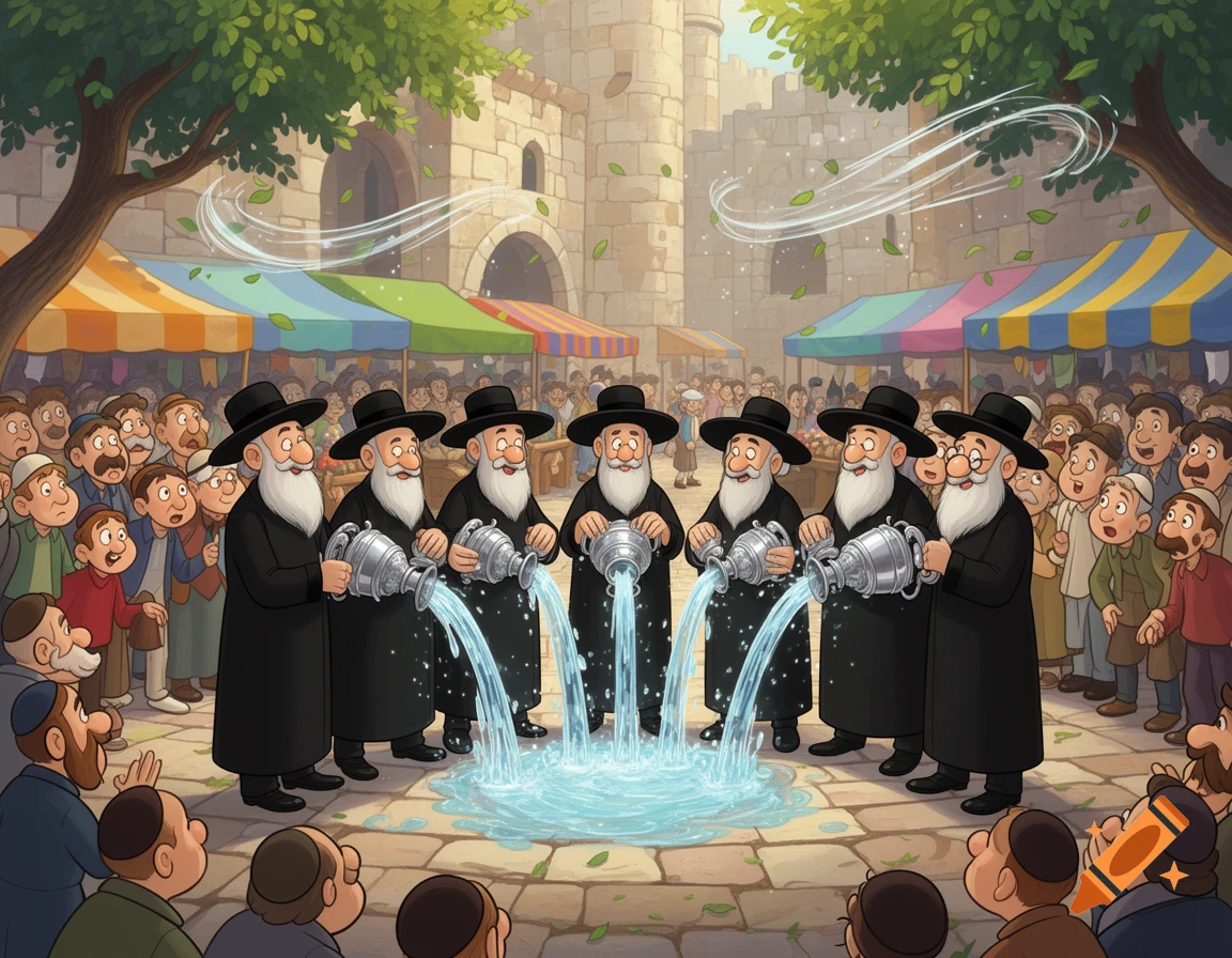 Seven cartoon rabbis pour water from silver pitchers into a puddle, watched by a crowd in a bustling market with stone buildings.