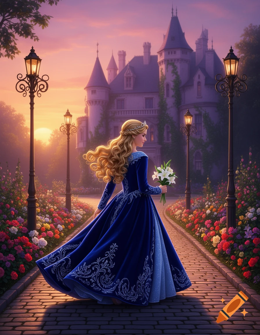 Princess in a blue gown with a tiara walks along a flower-lined path toward a castle at sunset, holding white flowers. Illustrative style.