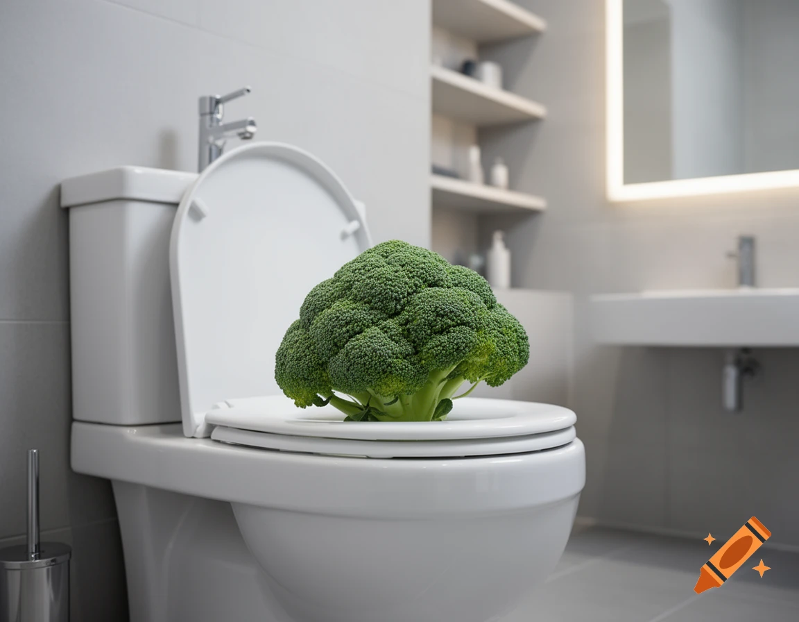A large head of green broccoli sits in a clean white toilet bowl in a modern bathroom.