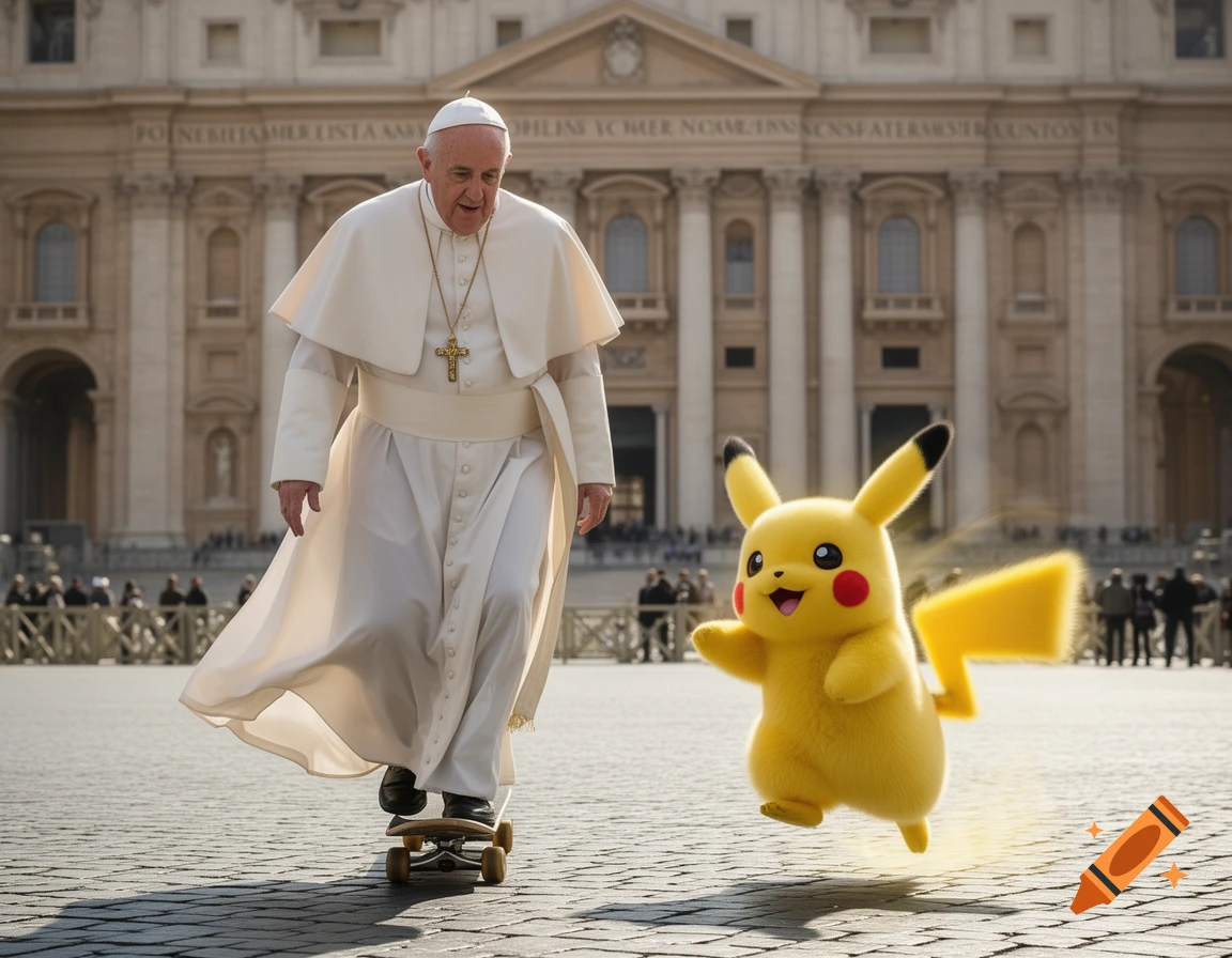 Photorealistic image of Pope Francis skateboarding in St. Peter's Square as a fluffy Pikachu happily bounces beside him.