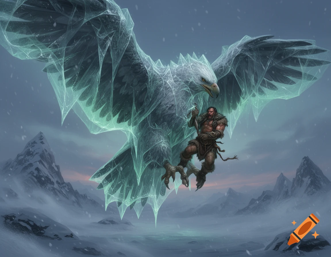 A powerful ice roc, glowing green, flies through snowy mountains clutching a barbarian in its talons.