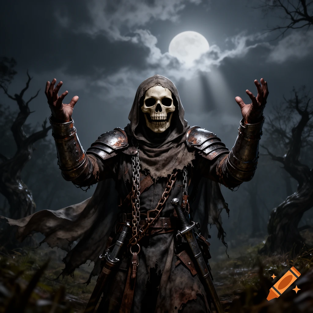 A hooded, skull-faced figure in armor and chains raises both hands in an eerie, dark forest under a full moon, in a photorealistic style.