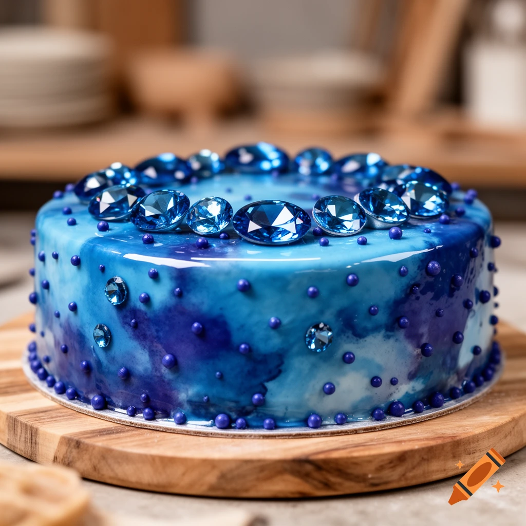 Photorealistic blue and indigo cake with a glossy glaze, decorated with blue gems and indigo dots, on a wooden board.