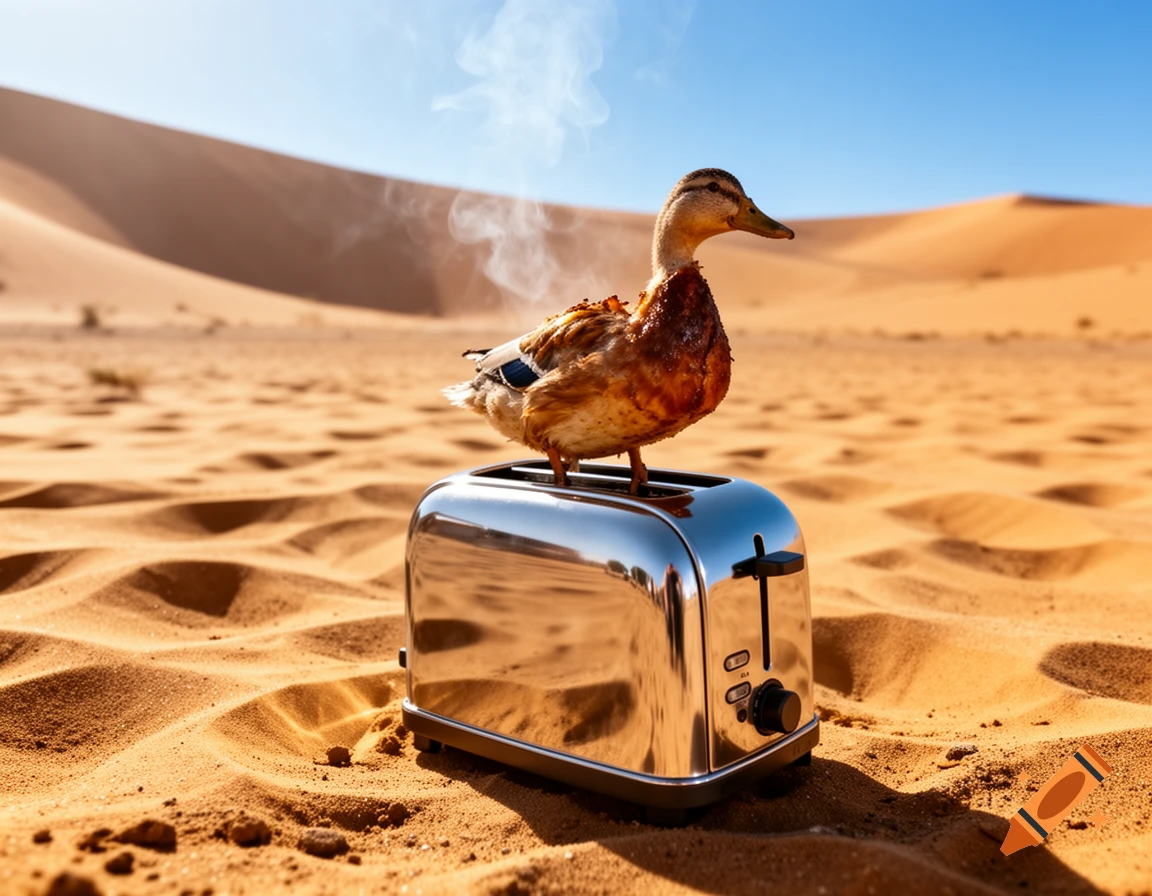 A roasted duck stands in a shiny toaster amidst a vast, sunny desert landscape with sand dunes.