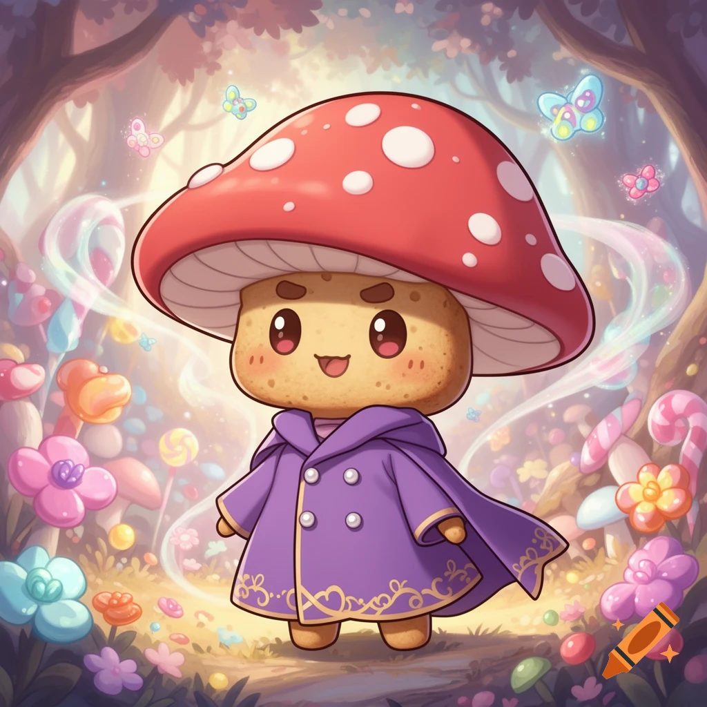 A cute, smiling mushroom-headed cookie character in a purple coat stands in a whimsical candy forest with butterflies.