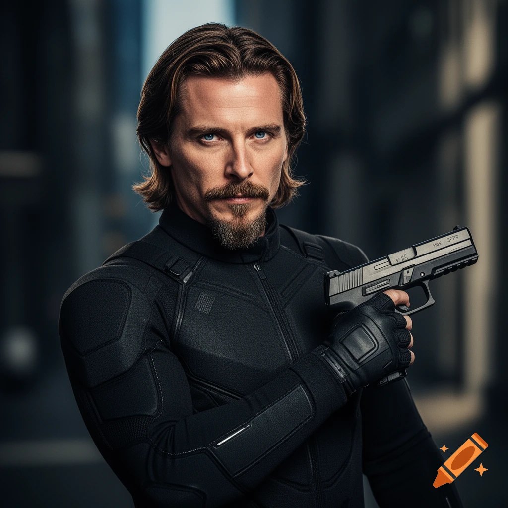 Photorealistic portrait of a man with shoulder-length brown hair, blue eyes, mustache, and goatee, wearing a black tactical suit and holding an H&K SFP9 pistol.