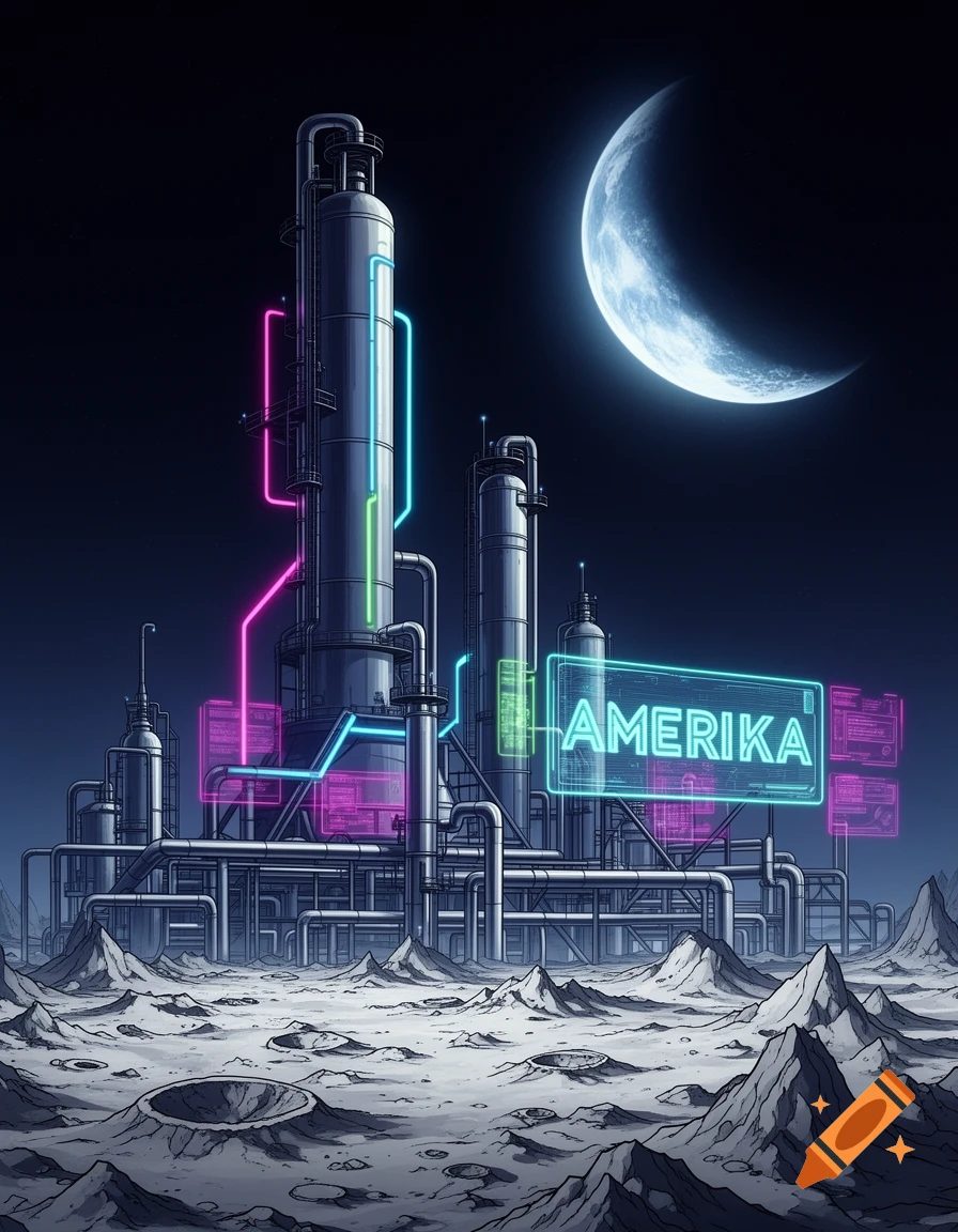 Stylized sci-fi image of an oil refinery with neon lights on a moon crater landscape, a crescent moon, and an 'AMERIKA' sign.
