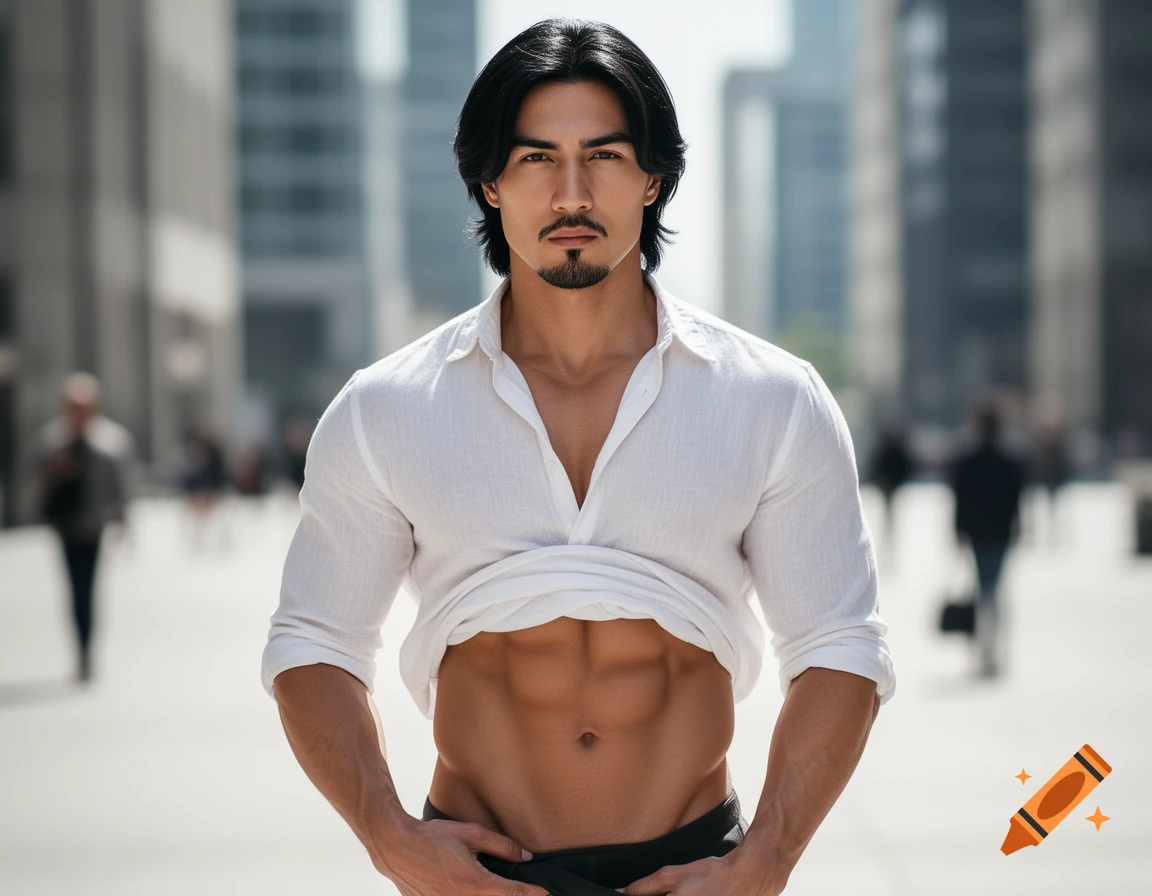 A muscular man with dark hair and a goatee lifts his white shirt to expose his abs, standing on an urban street.