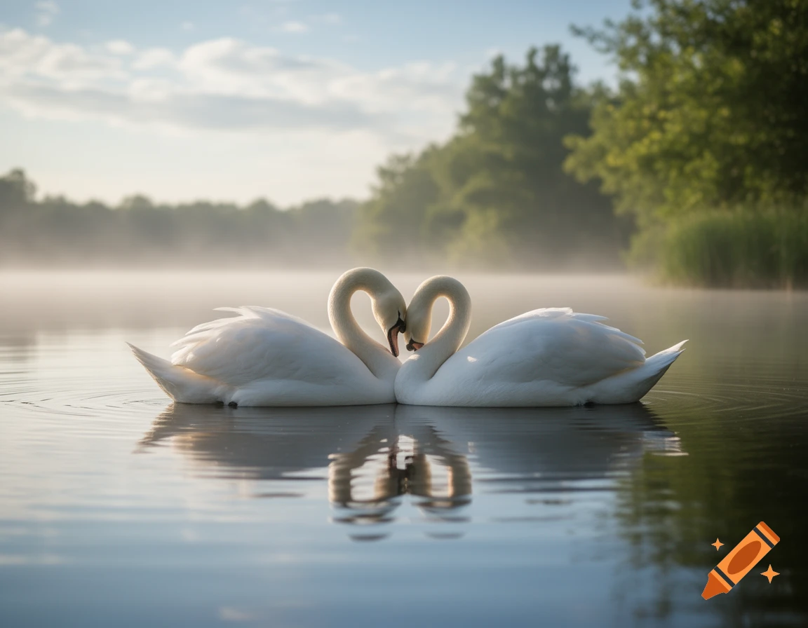 Two white swans touch heads, forming a heart shape on a misty lake at sunrise with lush green trees in the background.