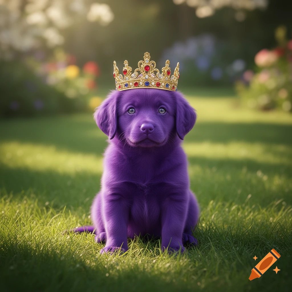A cute purple puppy wearing a golden crown with jewels sits on green grass in a sunlit garden.