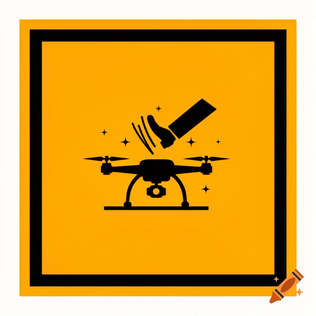 Yellow-orange safety sign with a black border, showing a black silhouette of a foot kicking a drone with spark effects, in minimalist vector art style.