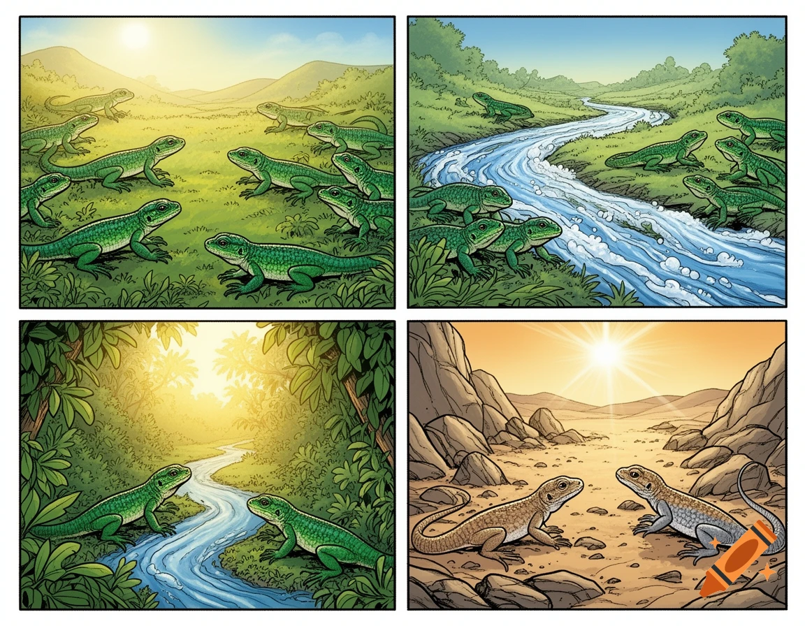 A four-panel comic series showing the allopatric speciation of lizards. Green lizards in a field, then split by a river, then evolving into different colored lizards in varied environments.