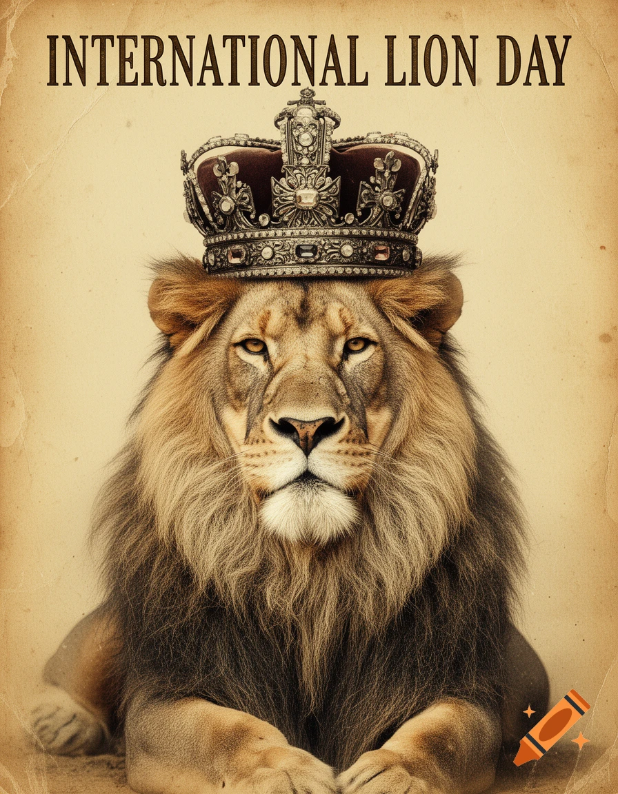A vintage-style poster features a majestic lion wearing an ornate crown, with the text "INTERNATIONAL LION DAY" at the top.
