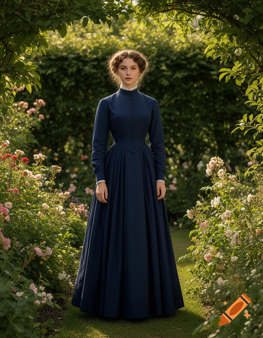 Photorealistic portrait of a young woman in a dark blue 1880s-style dress standing in a verdant rose garden.