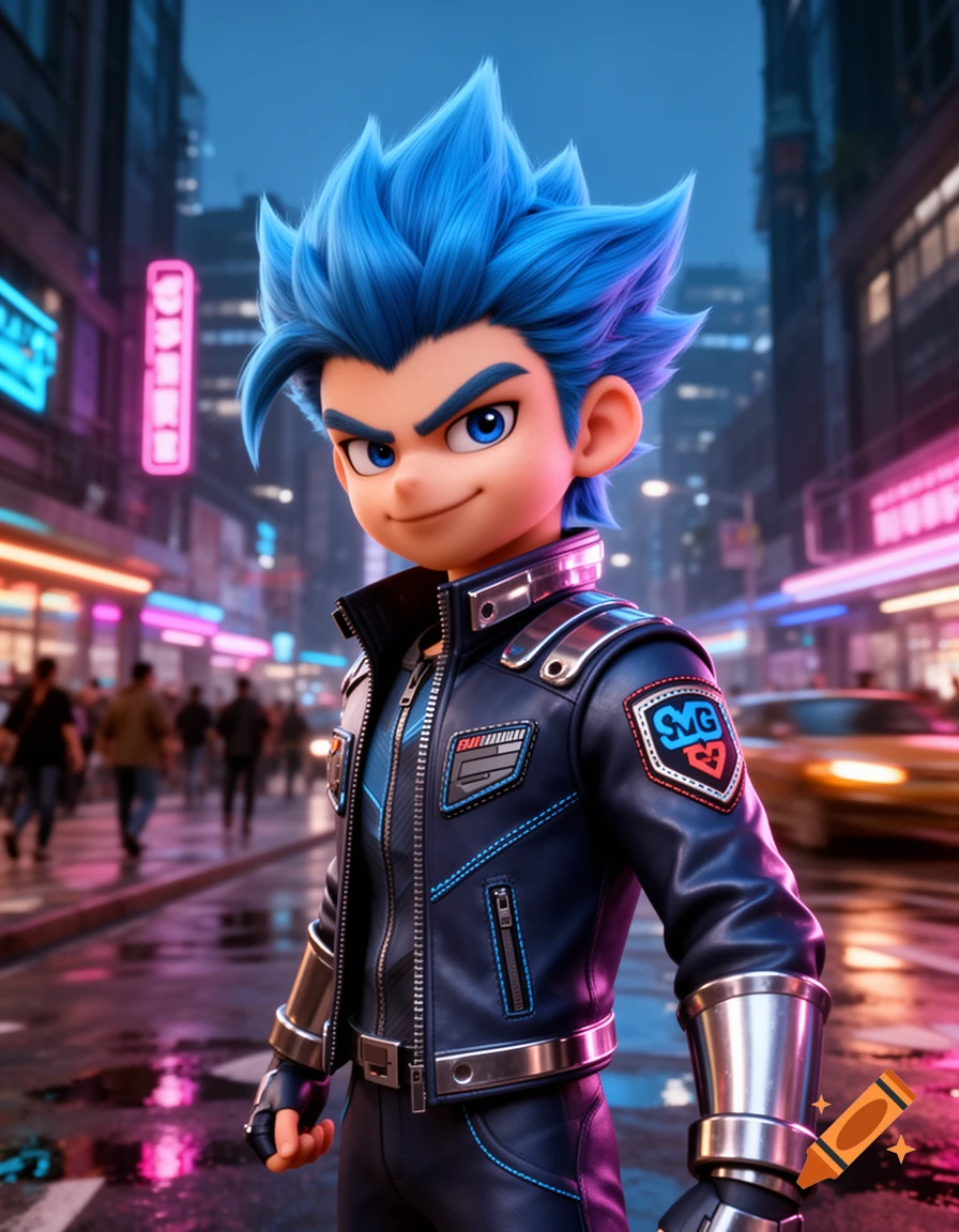 A cartoon boy with spiky blue hair in a dark blue futuristic jacket stands in a neon-lit cyberpunk city street.