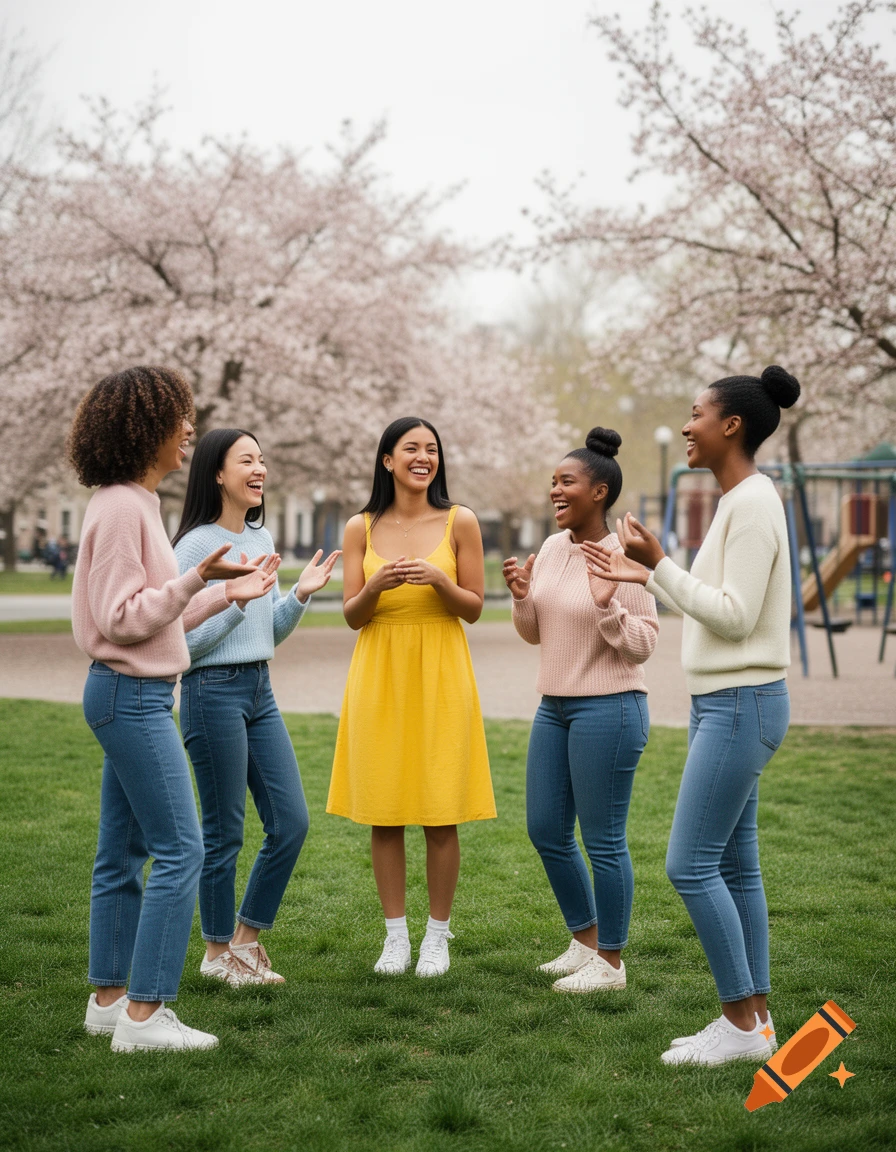 Five diverse women laugh joyfully in a park surrounded by blooming cherry blossom trees, dressed in casual spring attire.