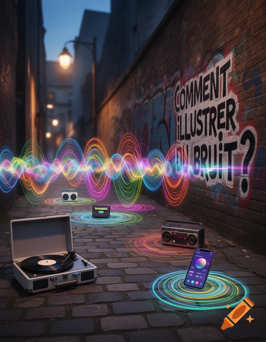 Colorful sound waves emanate from music devices like a turntable, boombox, and phone in a dark urban alley with graffiti.